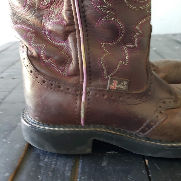 Justin Boots Women's 6 6B Brown Leather Fat Boy Cowgirl Boots Pink Stitching - Picture 9 of 12